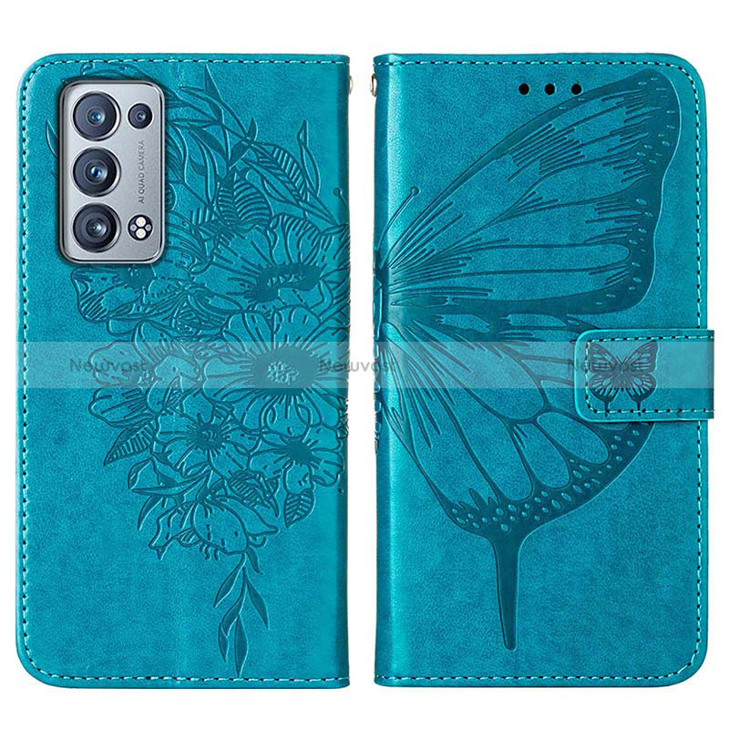 Leather Case Stands Butterfly Flip Cover Holder Y01B for Oppo Reno6 Pro+ Plus 5G Blue