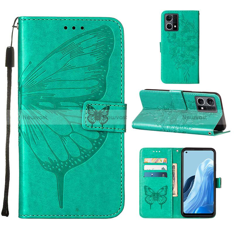 Leather Case Stands Butterfly Flip Cover Holder Y01B for Oppo Reno7 4G Green
