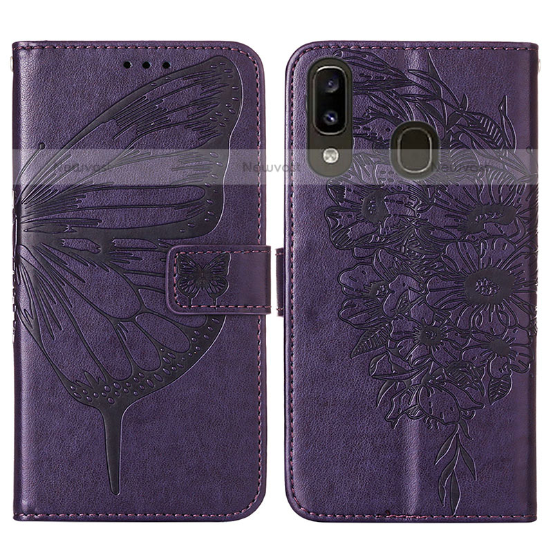 Leather Case Stands Butterfly Flip Cover Holder Y01B for Samsung Galaxy A20 Purple
