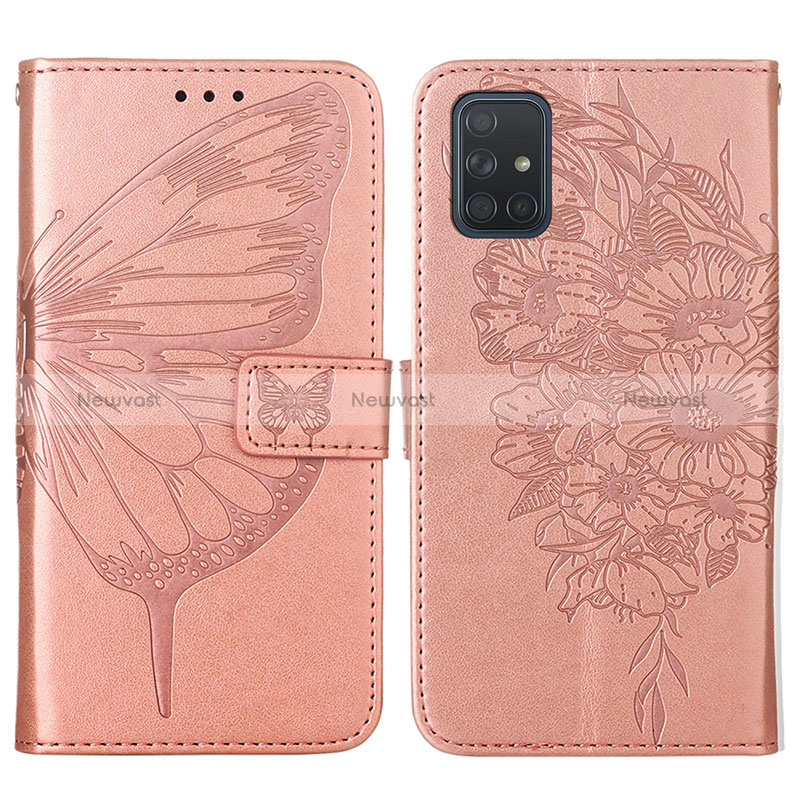 Leather Case Stands Butterfly Flip Cover Holder Y01B for Samsung Galaxy A71 5G Rose Gold