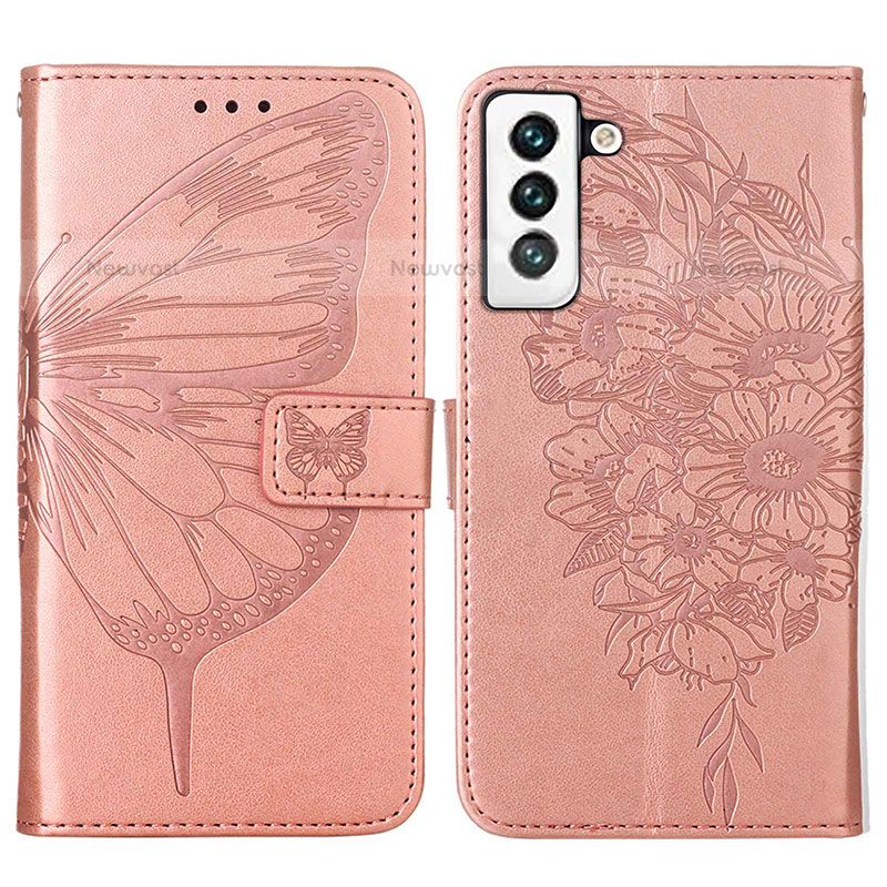Leather Case Stands Butterfly Flip Cover Holder Y06B for Samsung Galaxy S21 FE 5G Rose Gold
