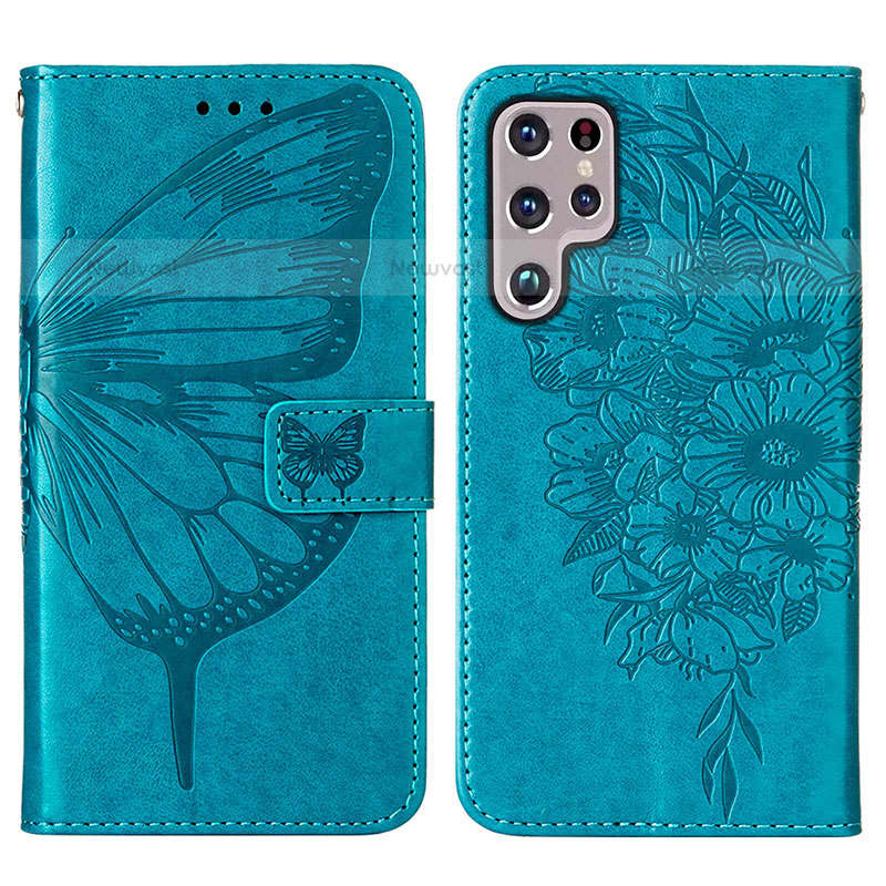 Leather Case Stands Butterfly Flip Cover Holder Y06B for Samsung Galaxy S21 Ultra 5G Blue