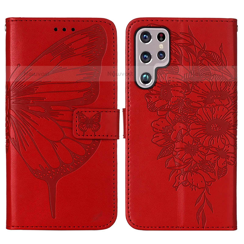 Leather Case Stands Butterfly Flip Cover Holder Y06B for Samsung Galaxy S21 Ultra 5G Red