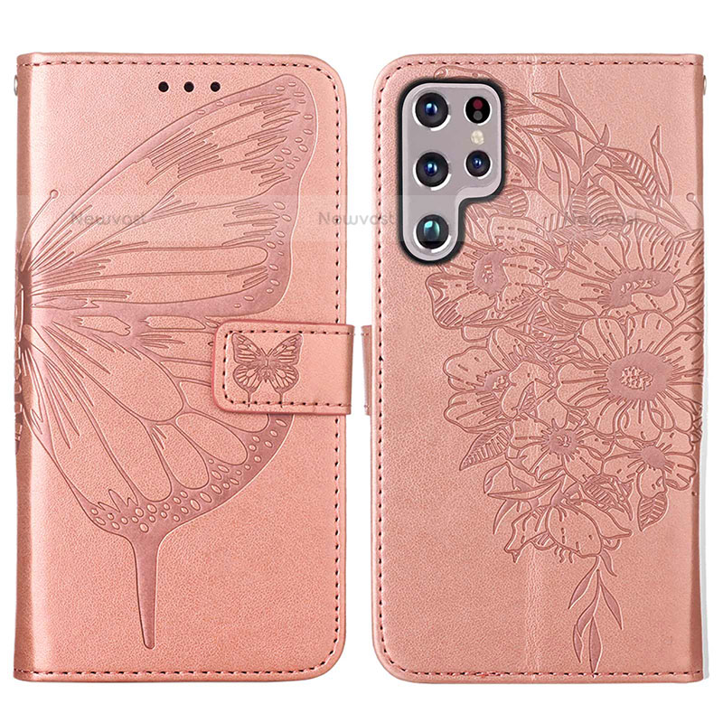 Leather Case Stands Butterfly Flip Cover Holder Y06B for Samsung Galaxy S21 Ultra 5G Rose Gold