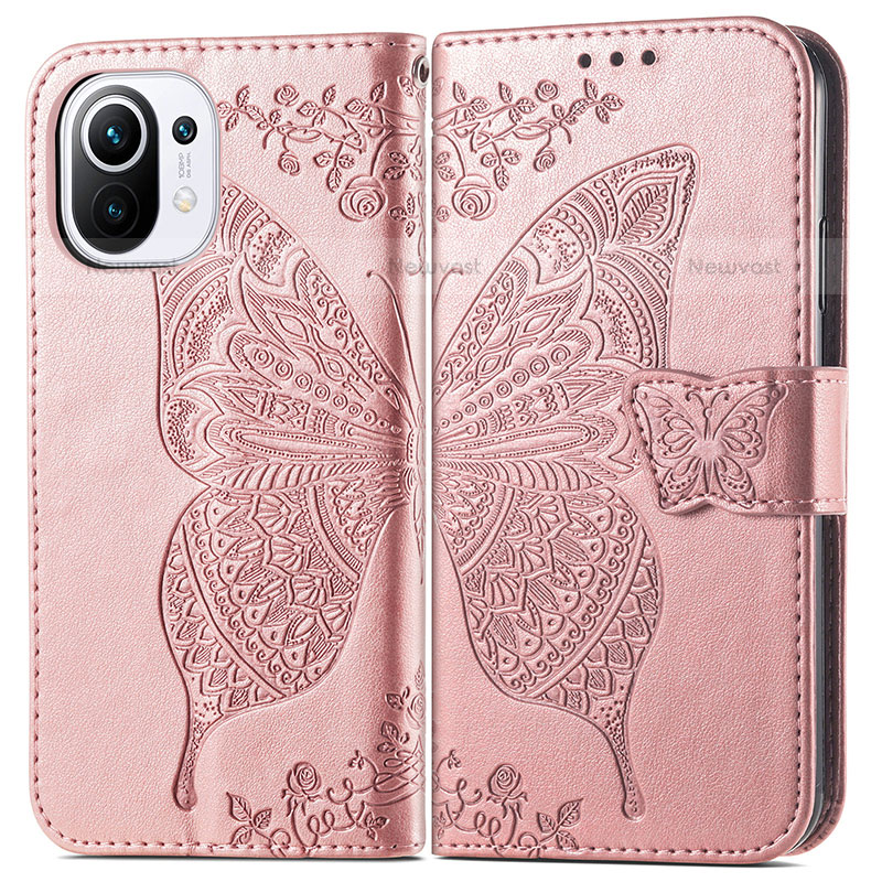 Leather Case Stands Butterfly Flip Cover L02 Holder for Xiaomi Mi 11 5G Pink