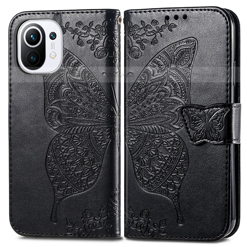 Leather Case Stands Butterfly Flip Cover L02 Holder for Xiaomi Mi 11 Lite 5G Black