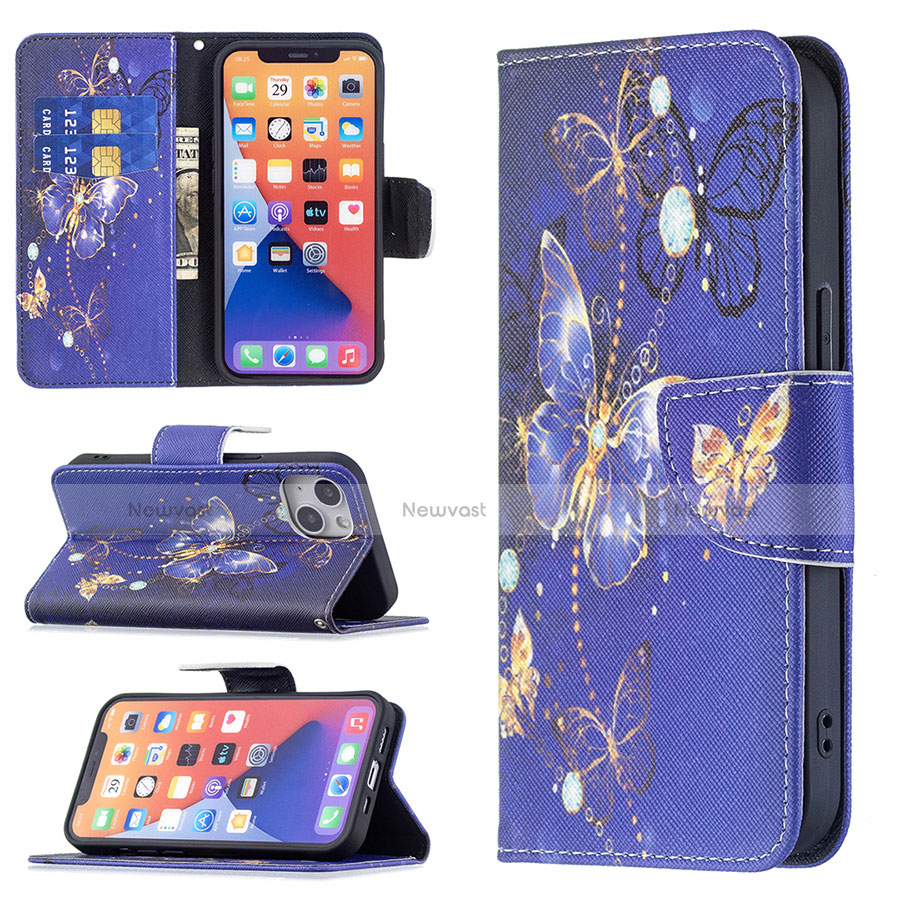 Leather Case Stands Butterfly Flip Cover L07 Holder for Apple iPhone 13 Navy Blue