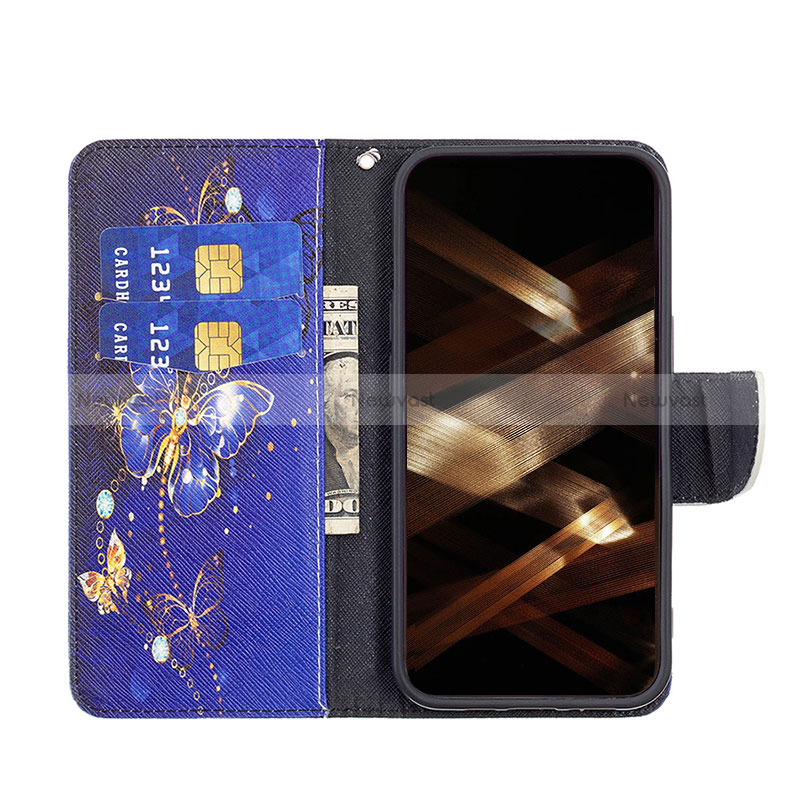 Leather Case Stands Butterfly Flip Cover L07 Holder for Apple iPhone 14 Pro Max Navy Blue