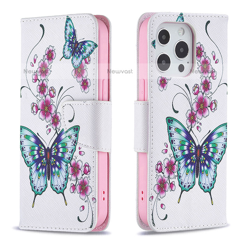 Leather Case Stands Butterfly Flip Cover L07 Holder for Apple iPhone 14 Pro Pink