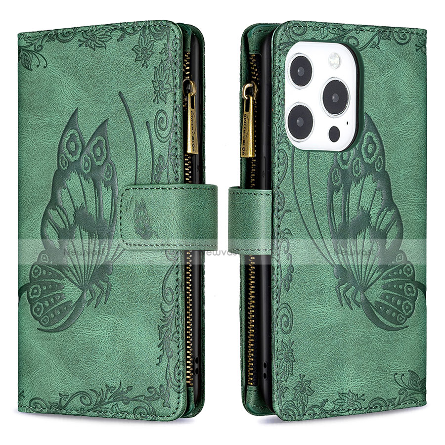 Leather Case Stands Butterfly Flip Cover L08 Holder for Apple iPhone 13 Pro Max Green