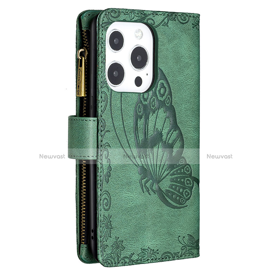 Leather Case Stands Butterfly Flip Cover L08 Holder for Apple iPhone 13 Pro Max Green