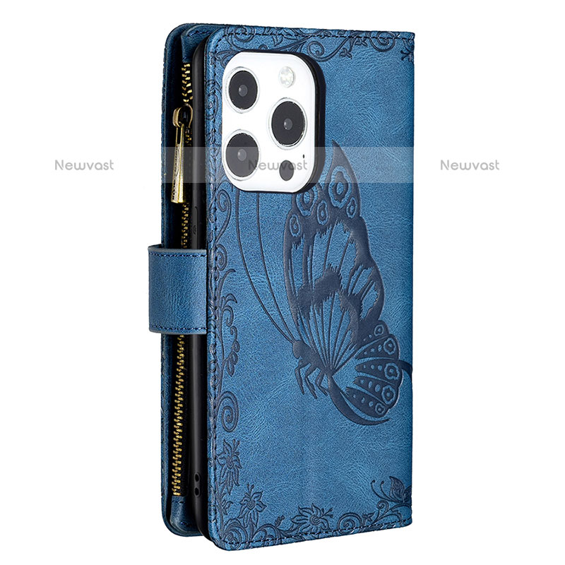 Leather Case Stands Butterfly Flip Cover L08 Holder for Apple iPhone 14 Pro Blue