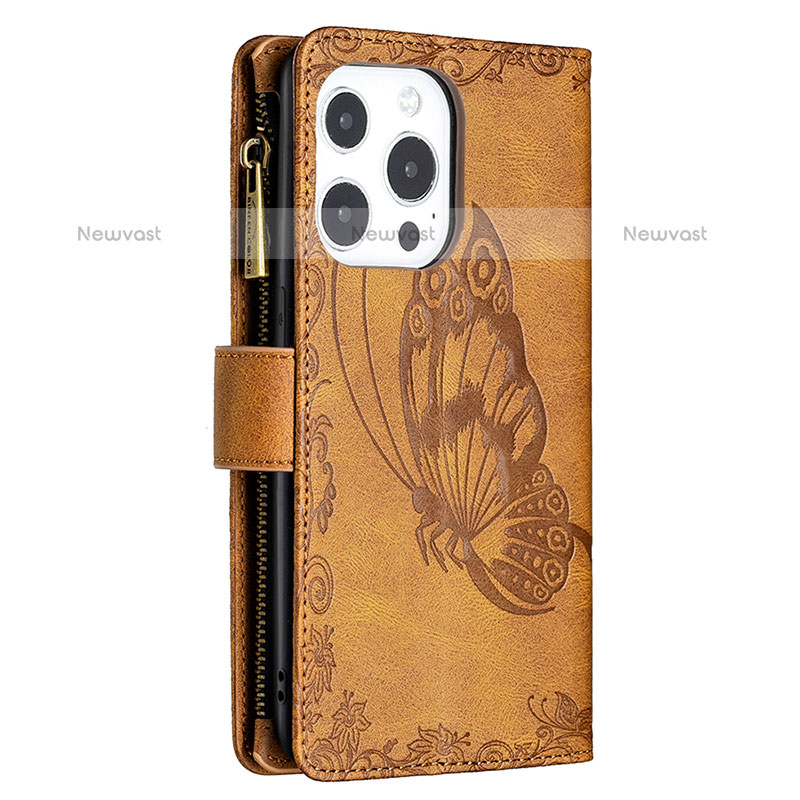Leather Case Stands Butterfly Flip Cover L08 Holder for Apple iPhone 14 Pro Brown