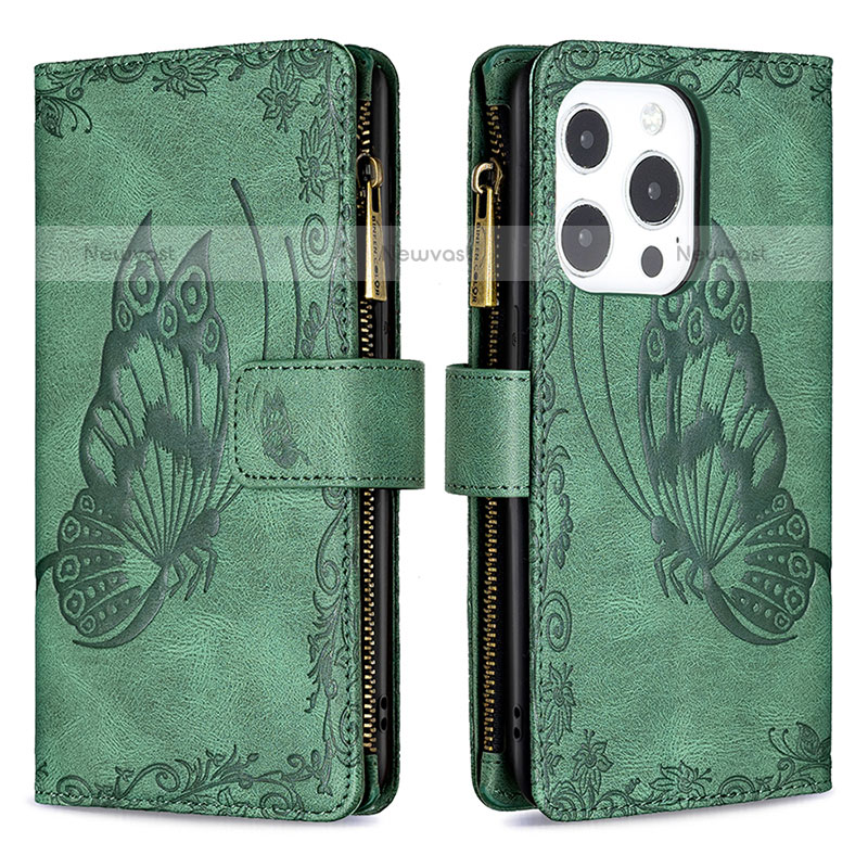 Leather Case Stands Butterfly Flip Cover L08 Holder for Apple iPhone 14 Pro Green