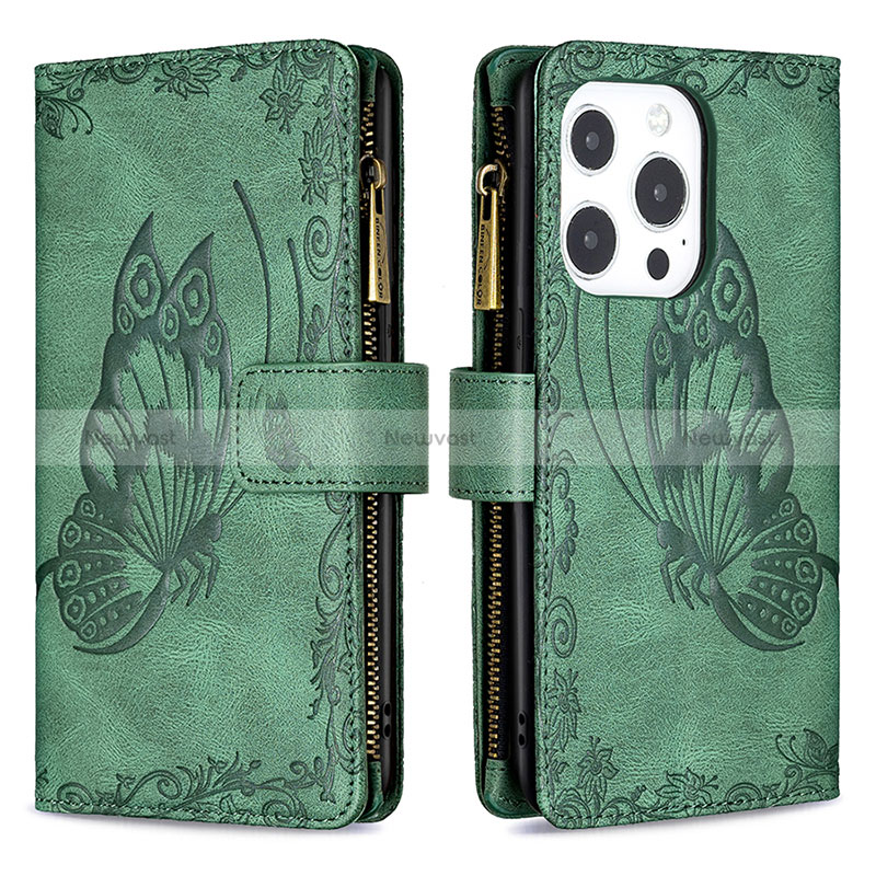 Leather Case Stands Butterfly Flip Cover L08 Holder for Apple iPhone 14 Pro Max Green