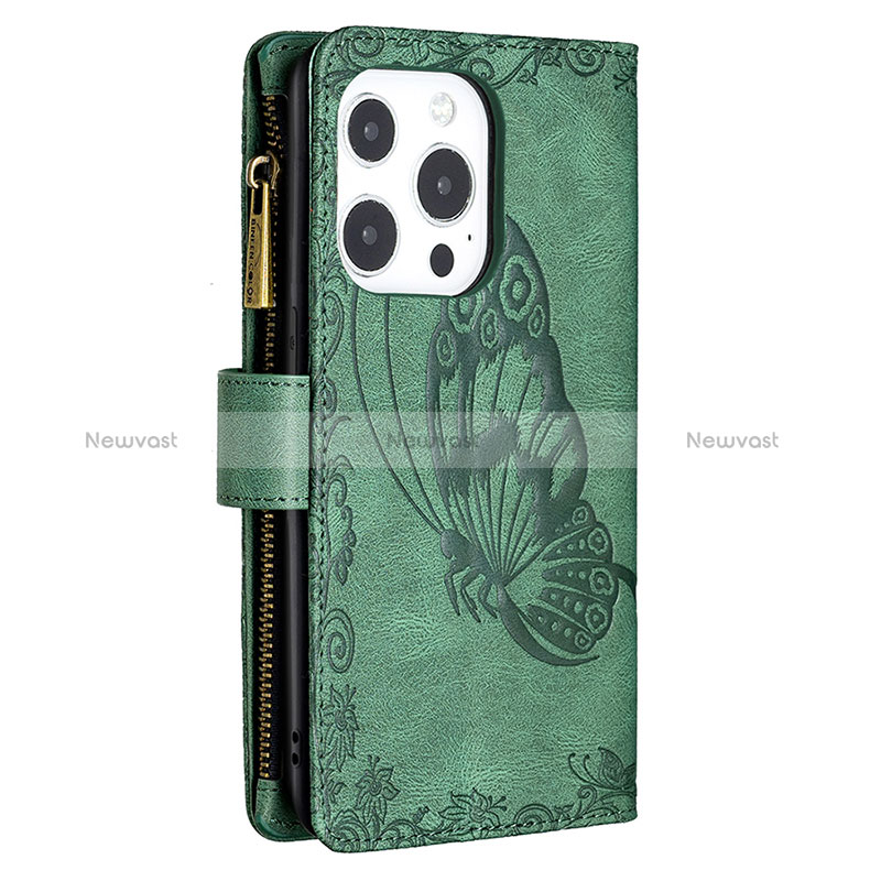 Leather Case Stands Butterfly Flip Cover L08 Holder for Apple iPhone 14 Pro Max Green