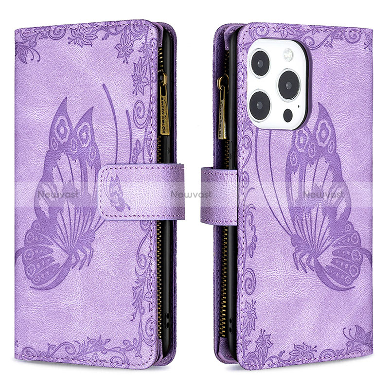 Leather Case Stands Butterfly Flip Cover L08 Holder for Apple iPhone 14 Pro Max Purple