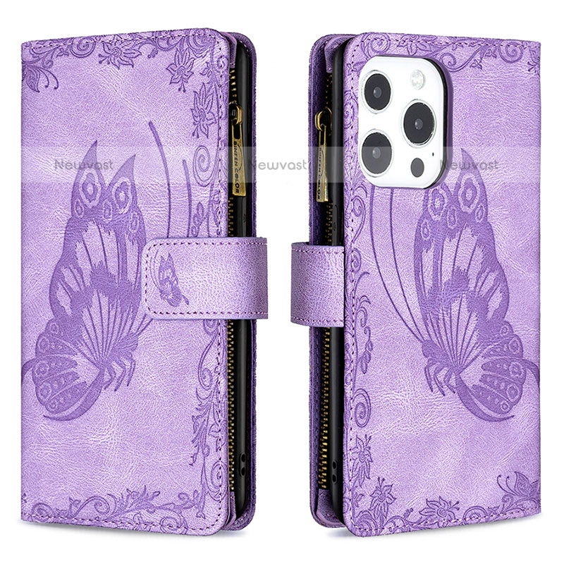 Leather Case Stands Butterfly Flip Cover L08 Holder for Apple iPhone 14 Pro Purple