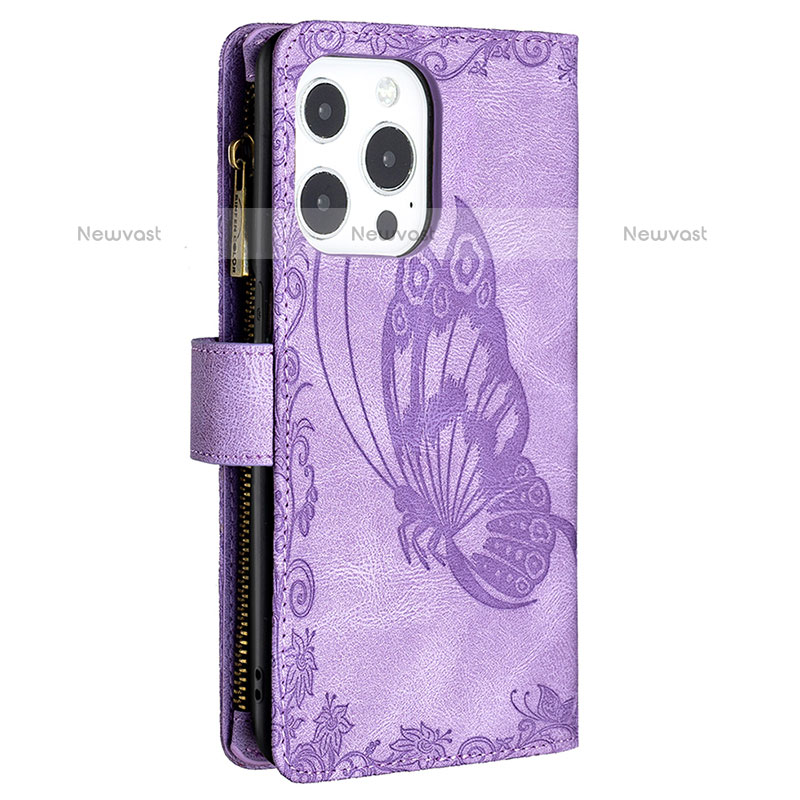 Leather Case Stands Butterfly Flip Cover L08 Holder for Apple iPhone 14 Pro Purple