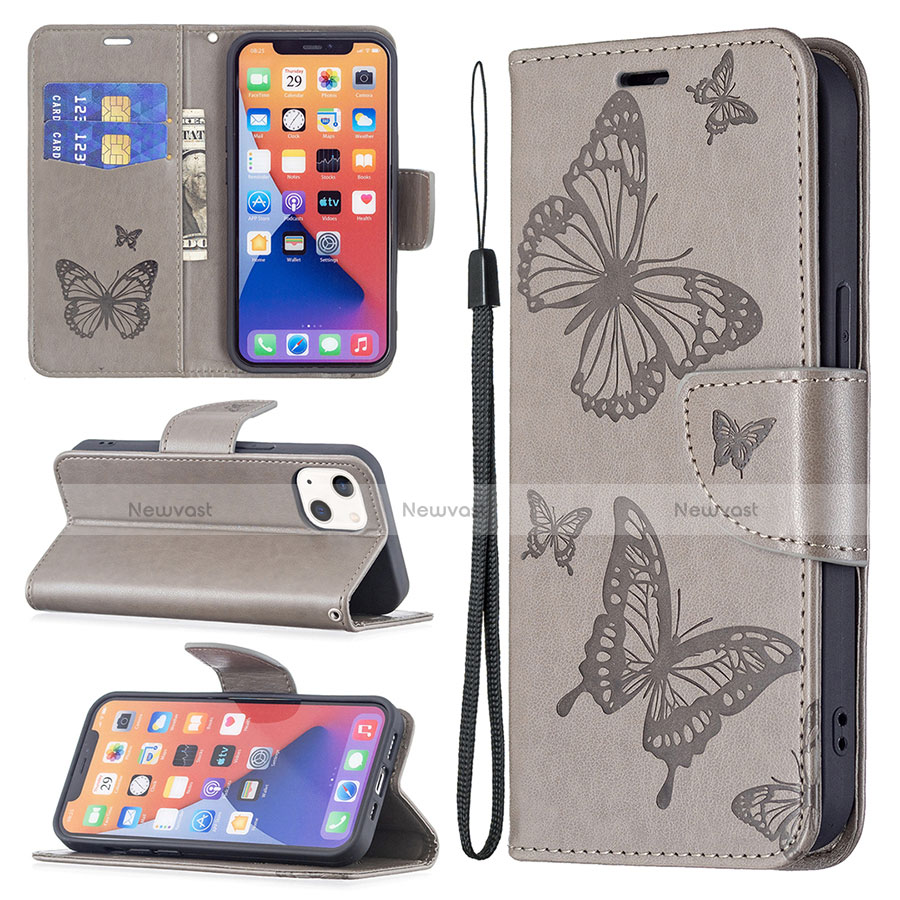 Leather Case Stands Butterfly Flip Cover L09 Holder for Apple iPhone 13 Mini Gray