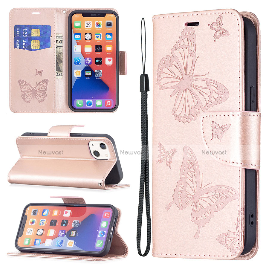 Leather Case Stands Butterfly Flip Cover L09 Holder for Apple iPhone 14 Pink