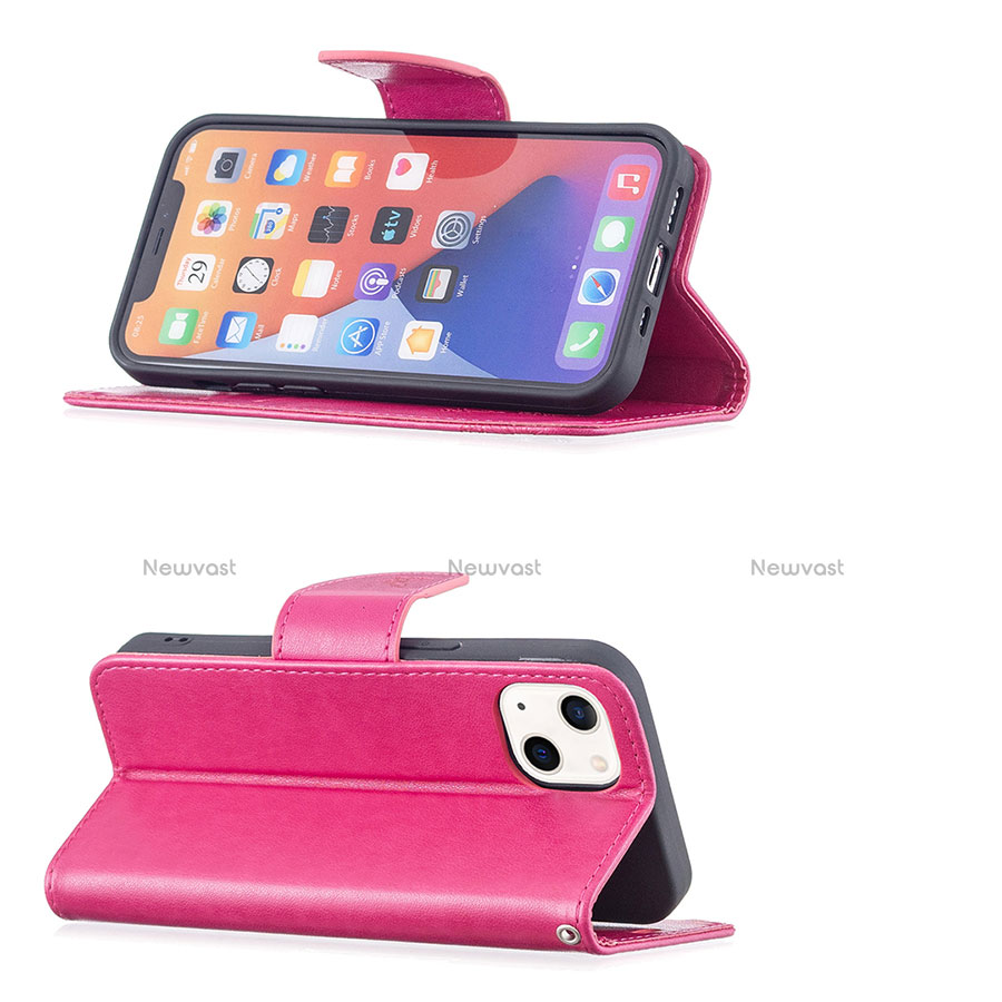 Leather Case Stands Butterfly Flip Cover L09 Holder for Apple iPhone 14 Plus Hot Pink
