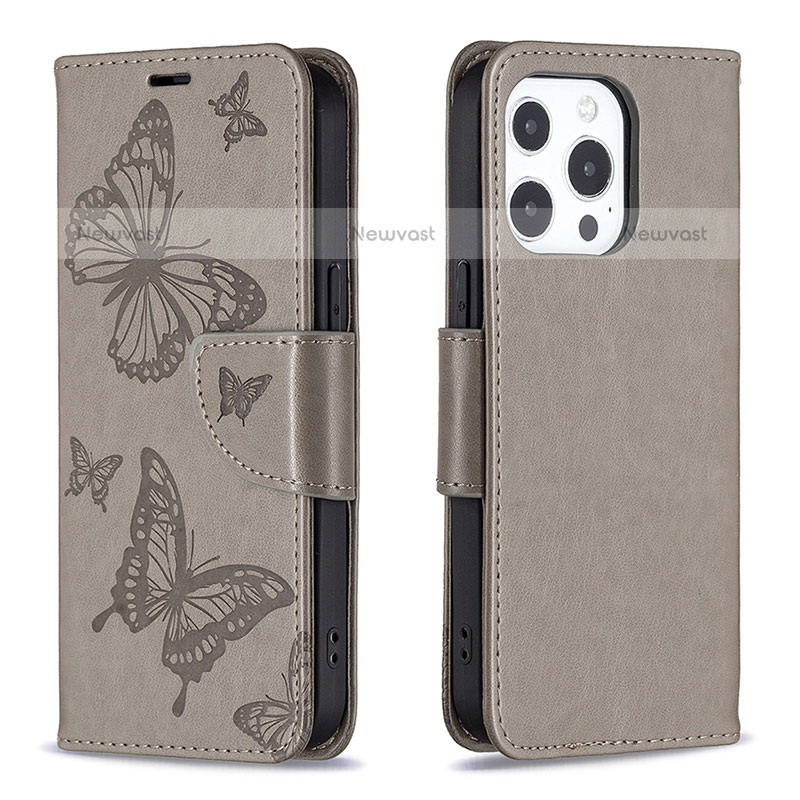 Leather Case Stands Butterfly Flip Cover L09 Holder for Apple iPhone 14 Pro Dark Gray