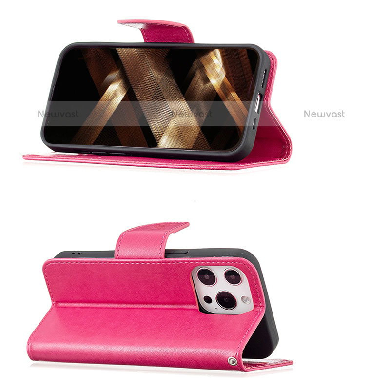 Leather Case Stands Butterfly Flip Cover L09 Holder for Apple iPhone 14 Pro Hot Pink