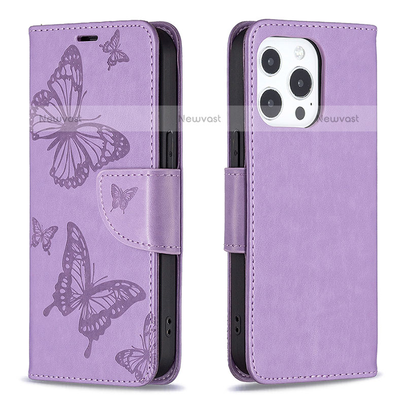 Leather Case Stands Butterfly Flip Cover L09 Holder for Apple iPhone 14 Pro Purple