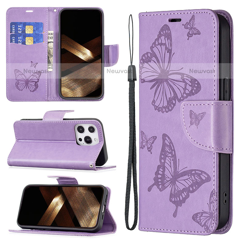 Leather Case Stands Butterfly Flip Cover L09 Holder for Apple iPhone 14 Pro Purple