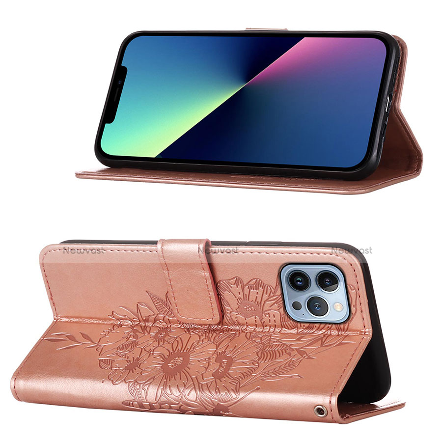 Leather Case Stands Butterfly Flip Cover L10 Holder for Apple iPhone 13 Pro Rose Gold