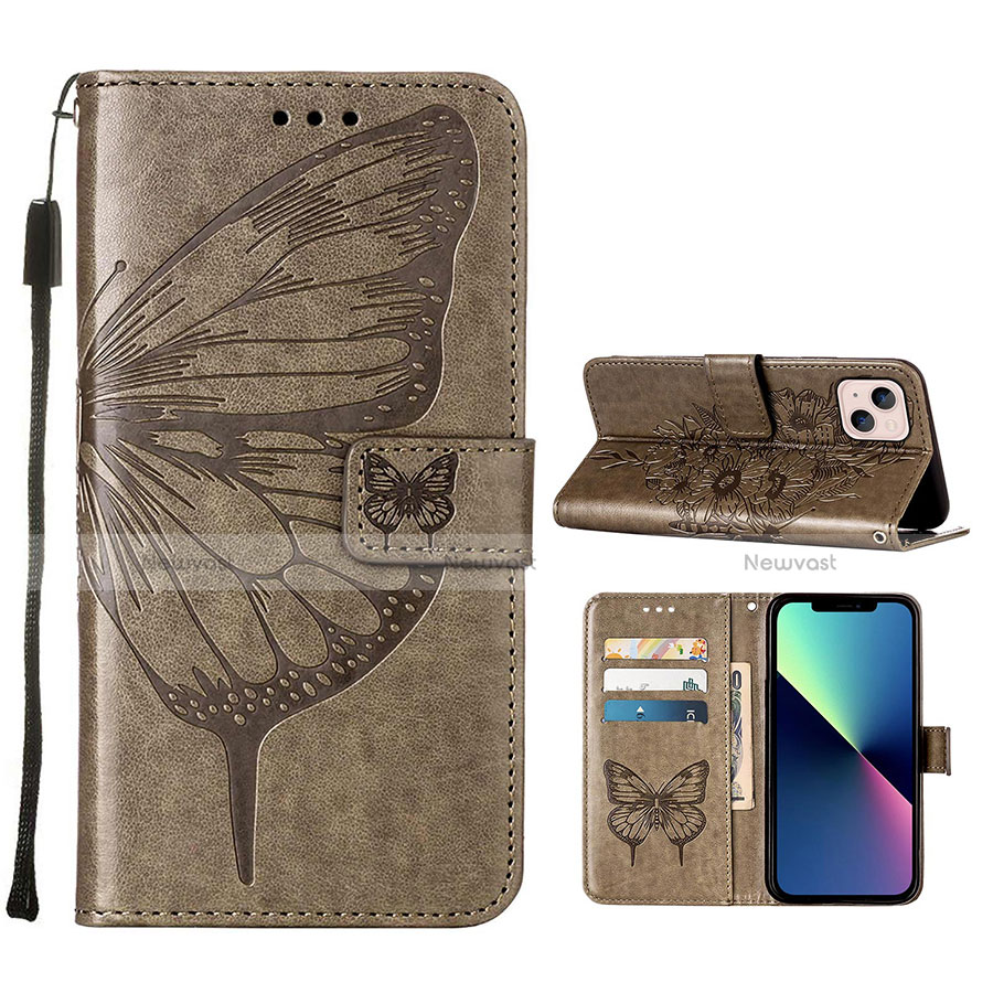 Leather Case Stands Butterfly Flip Cover L10 Holder for Apple iPhone 14 Plus Dark Gray