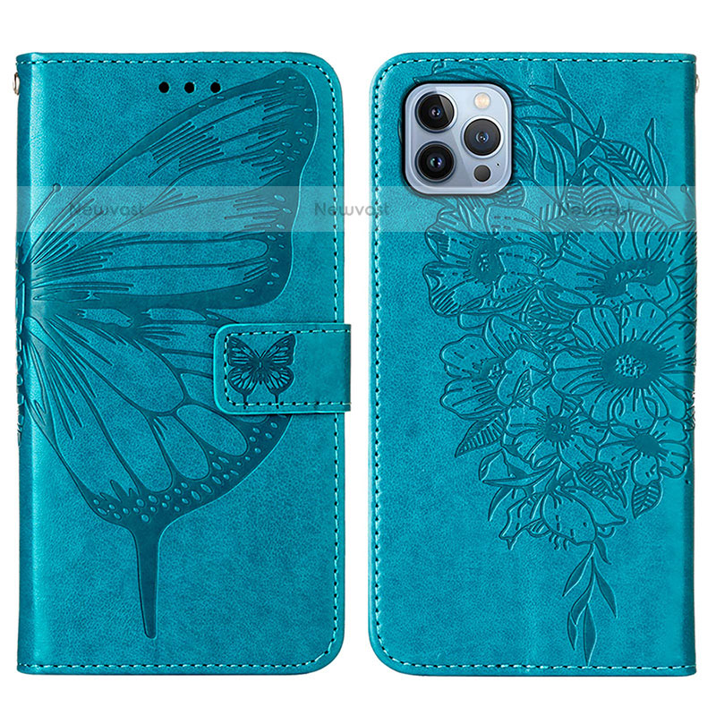 Leather Case Stands Butterfly Flip Cover L10 Holder for Apple iPhone 14 Pro Blue