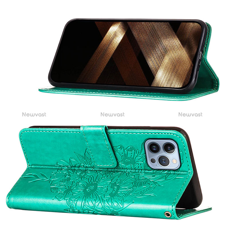 Leather Case Stands Butterfly Flip Cover L10 Holder for Apple iPhone 14 Pro Max Green