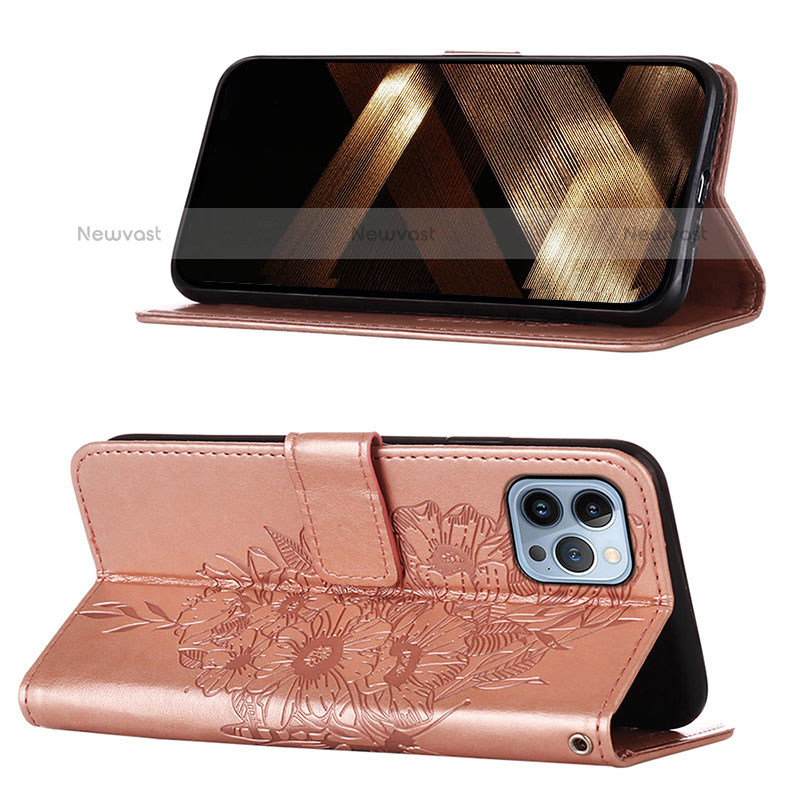 Leather Case Stands Butterfly Flip Cover L10 Holder for Apple iPhone 14 Pro Rose Gold