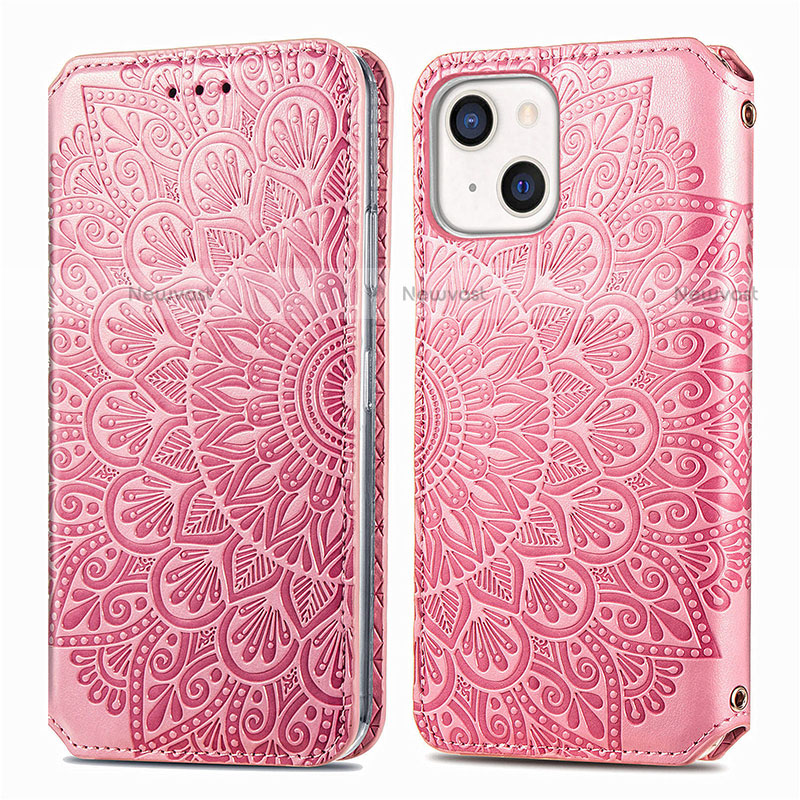 Leather Case Stands Fashionable Pattern Flip Cover H01 Holder for Apple iPhone 14 Plus Rose Gold