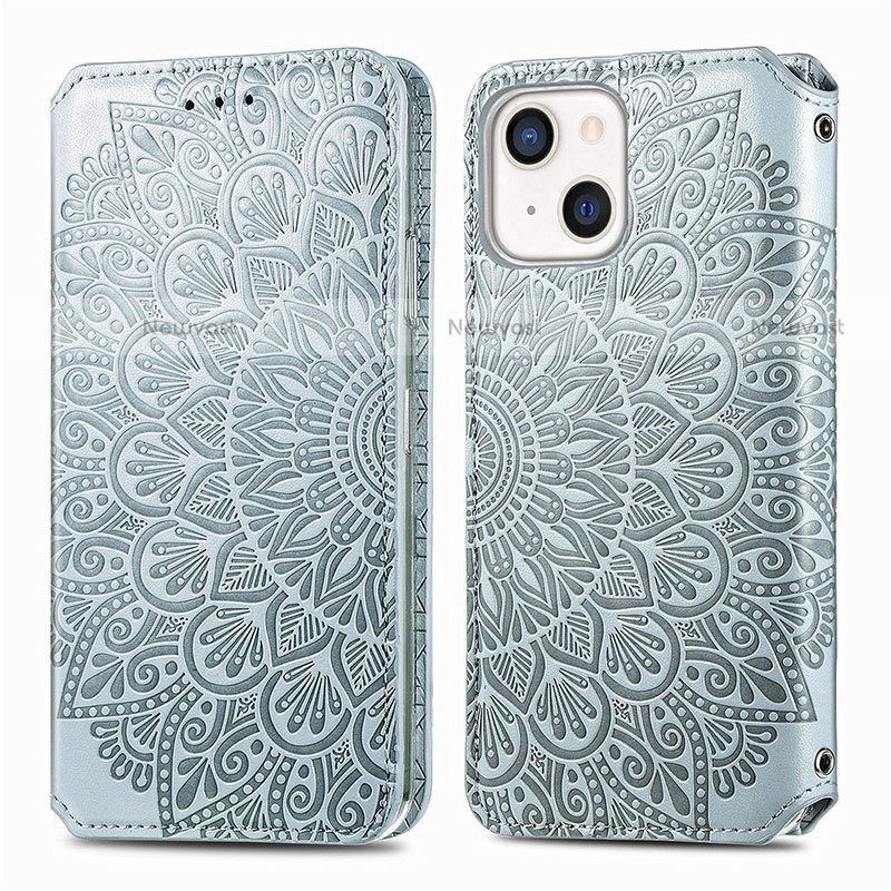 Leather Case Stands Fashionable Pattern Flip Cover H01 Holder for Apple iPhone 14 Silver
