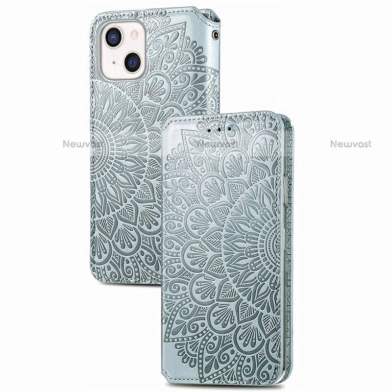 Leather Case Stands Fashionable Pattern Flip Cover H02 Holder for Apple iPhone 13 Mini Silver