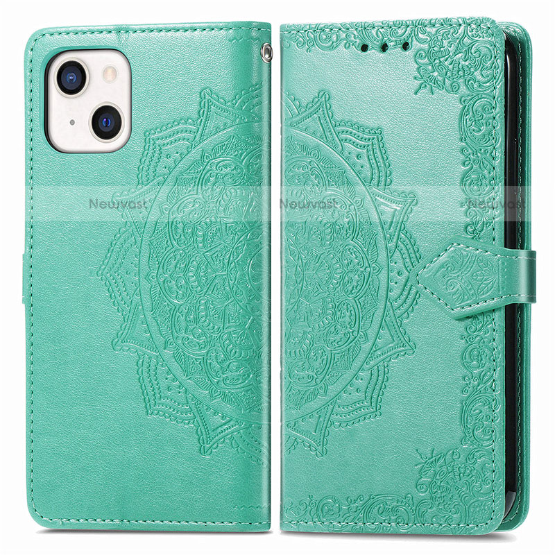 Leather Case Stands Fashionable Pattern Flip Cover H05 Holder for Apple iPhone 13 Mini Green