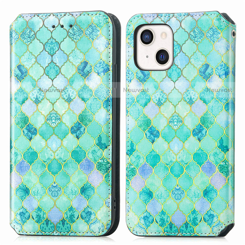 Leather Case Stands Fashionable Pattern Flip Cover H09 Holder for Apple iPhone 13 Green