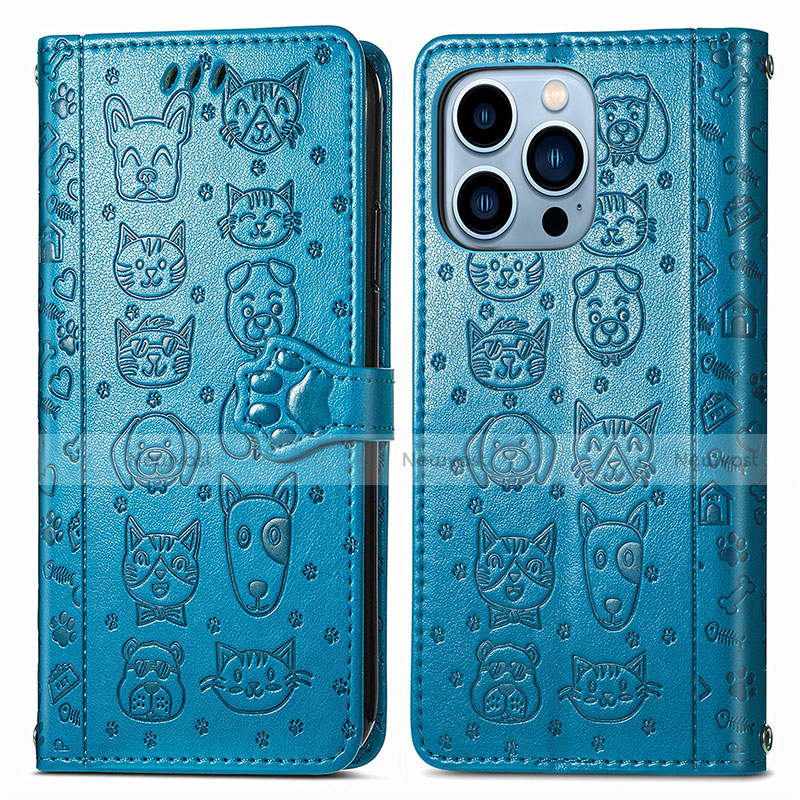 Leather Case Stands Fashionable Pattern Flip Cover H12 Holder for Apple iPhone 13 Pro Blue