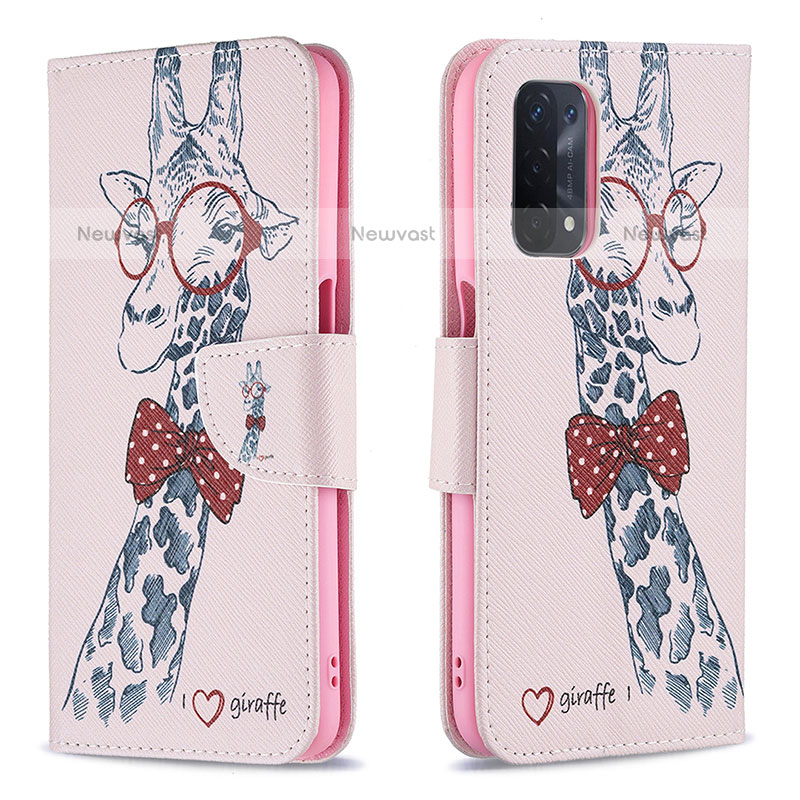 Leather Case Stands Fashionable Pattern Flip Cover Holder B01F for OnePlus Nord N200 5G Pink