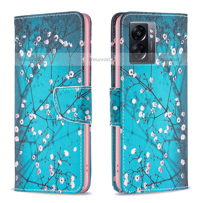Leather Case Stands Fashionable Pattern Flip Cover Holder B01F for OnePlus Nord N300 5G Cyan