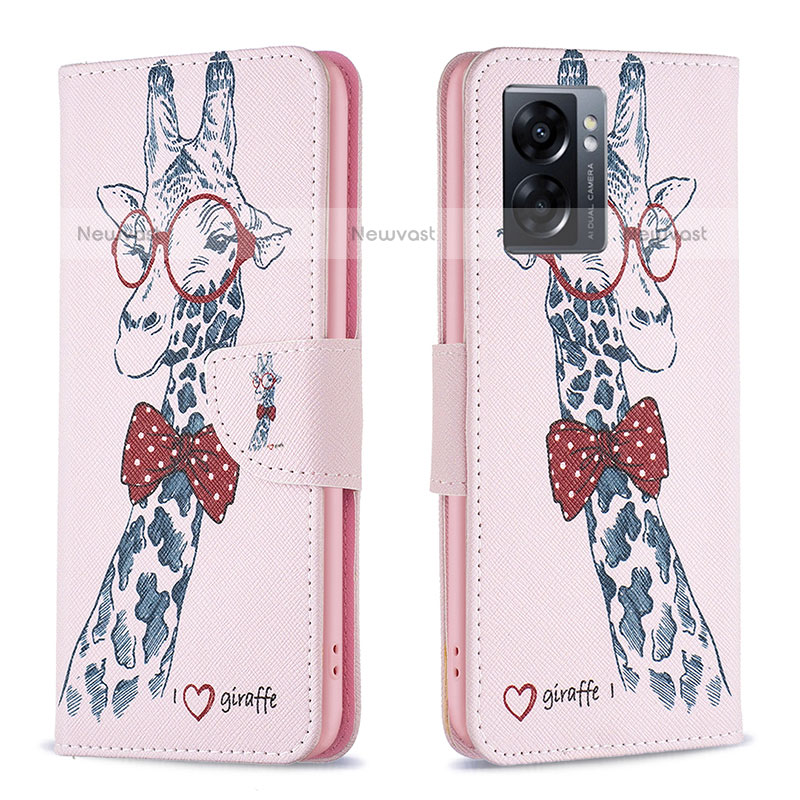 Leather Case Stands Fashionable Pattern Flip Cover Holder B01F for OnePlus Nord N300 5G Pink