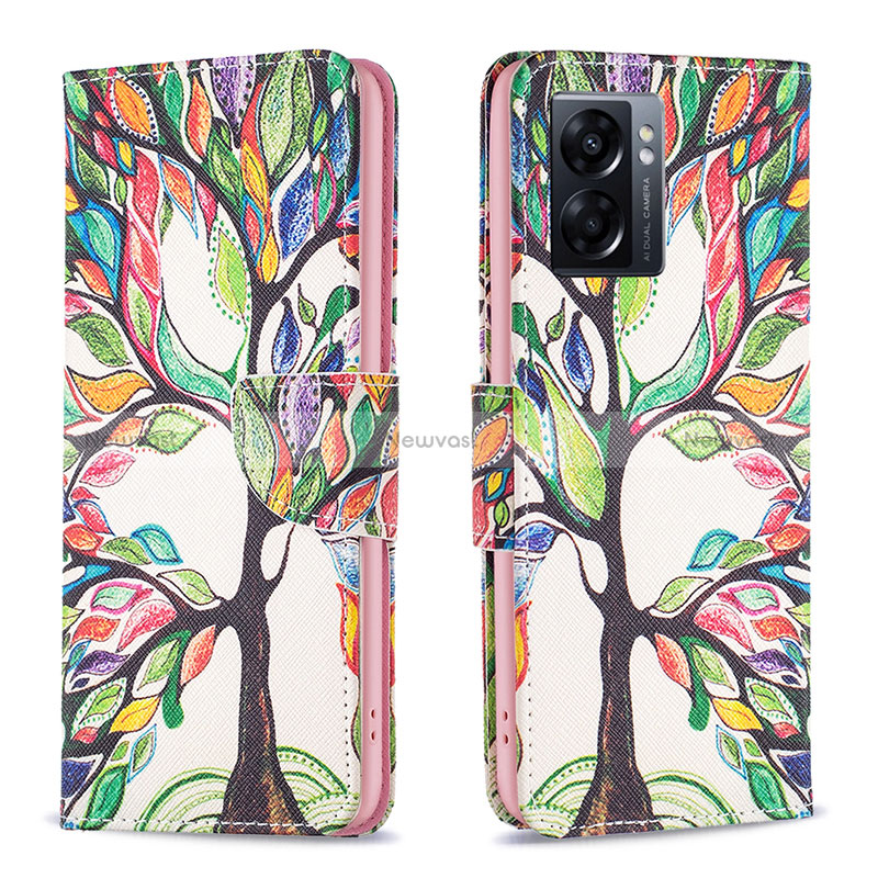 Leather Case Stands Fashionable Pattern Flip Cover Holder B01F for Oppo A56S 5G Green