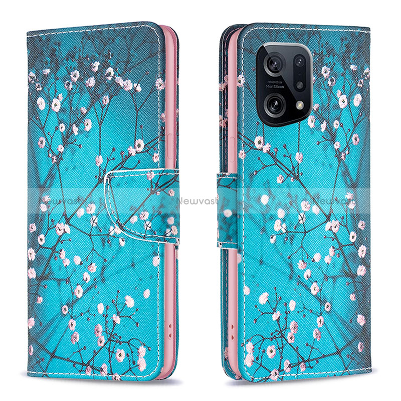 Leather Case Stands Fashionable Pattern Flip Cover Holder B01F for Oppo Find X5 5G Cyan