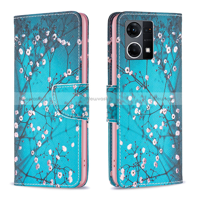 Leather Case Stands Fashionable Pattern Flip Cover Holder B01F for Oppo Reno7 4G Cyan