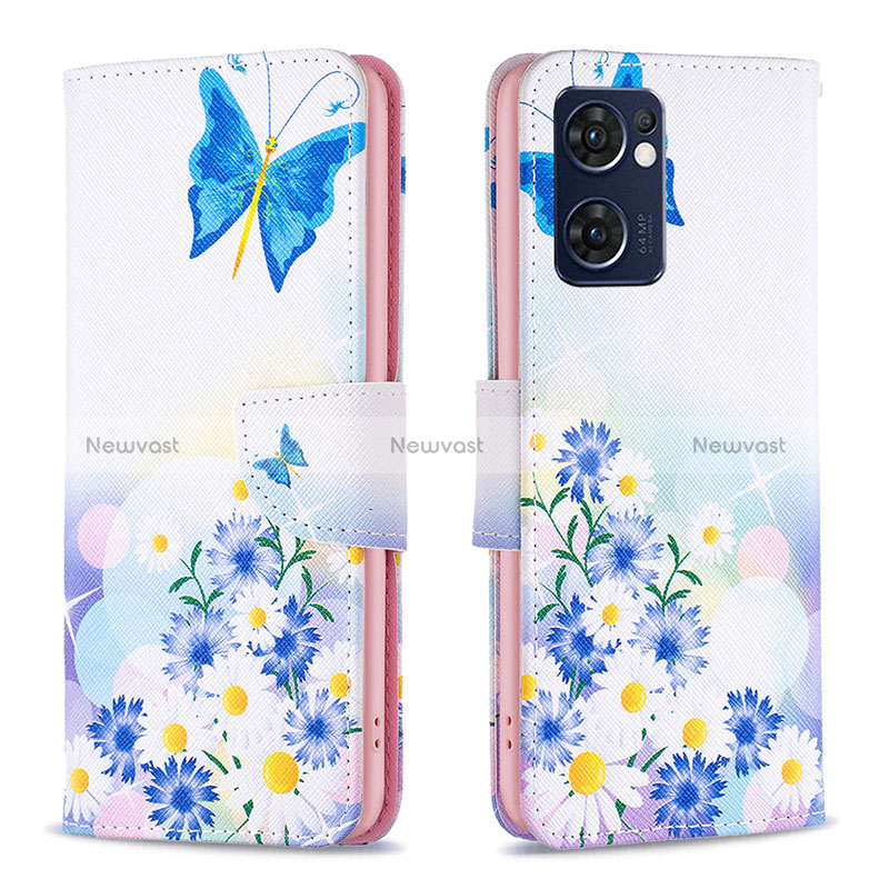 Leather Case Stands Fashionable Pattern Flip Cover Holder B01F for Oppo Reno7 5G Blue