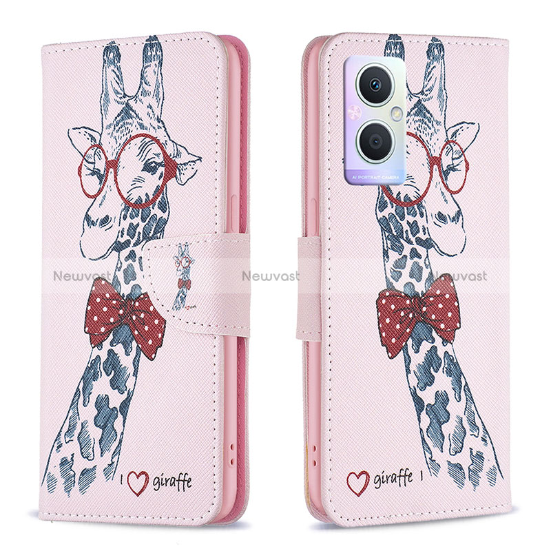 Leather Case Stands Fashionable Pattern Flip Cover Holder B01F for Oppo Reno7 Lite 5G Pink