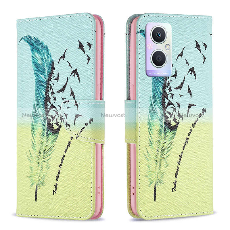 Leather Case Stands Fashionable Pattern Flip Cover Holder B01F for Oppo Reno7 Z 5G Matcha Green